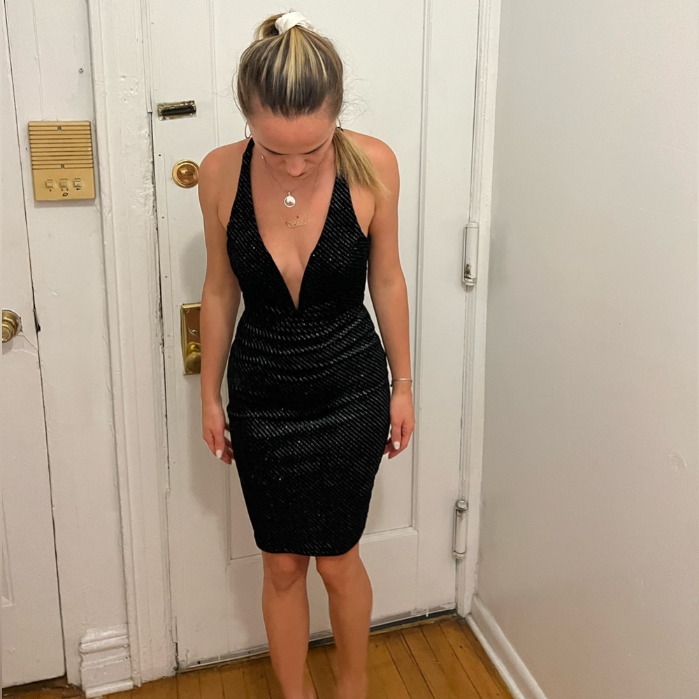 Black Metallic Stitch Bodycon, Deep V dress - Picture 3 of 6